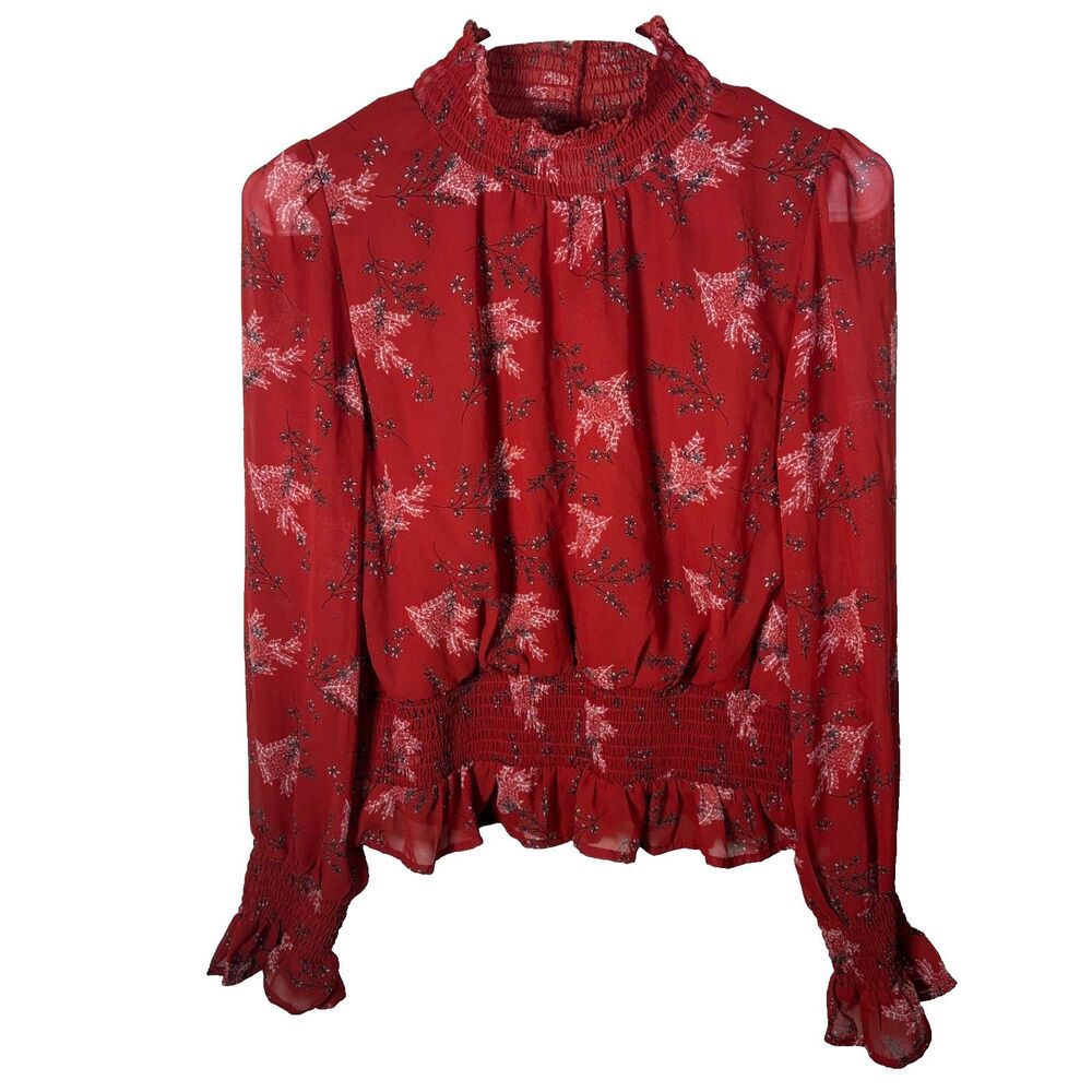 Japna Blouse Women's Large Red Long Sleeve Sheer Printed Shirt Top Ruffle